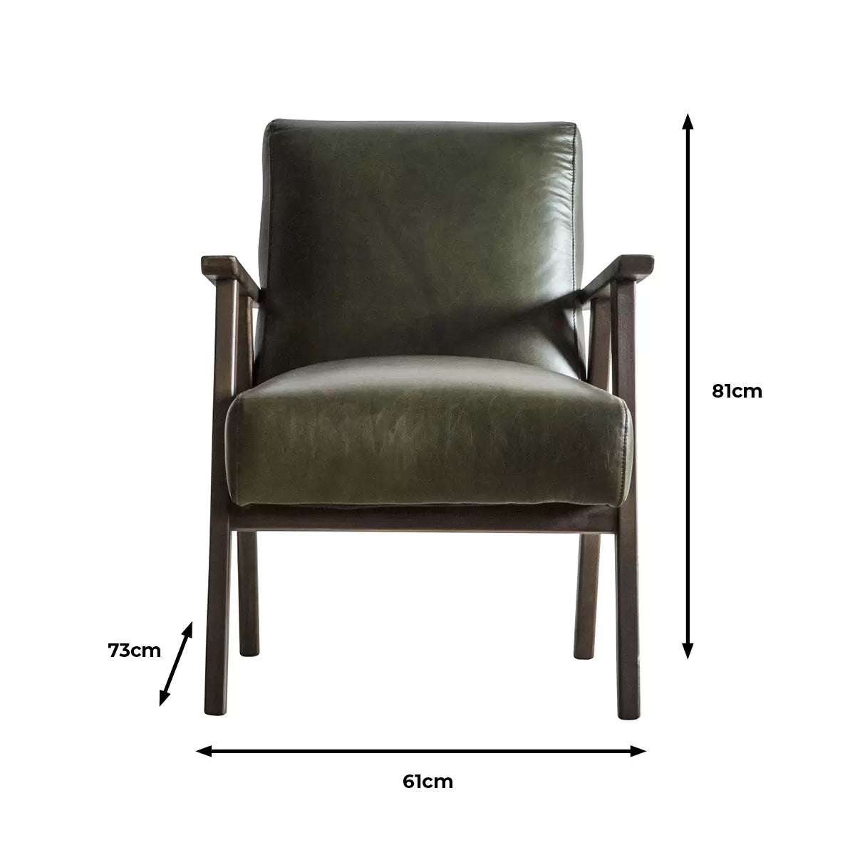 A high-angle close-up of the Gallery Neyland green leather armchair showing its textured top-grain leather seat and solid wood legs in a brightly lit, modern living room.