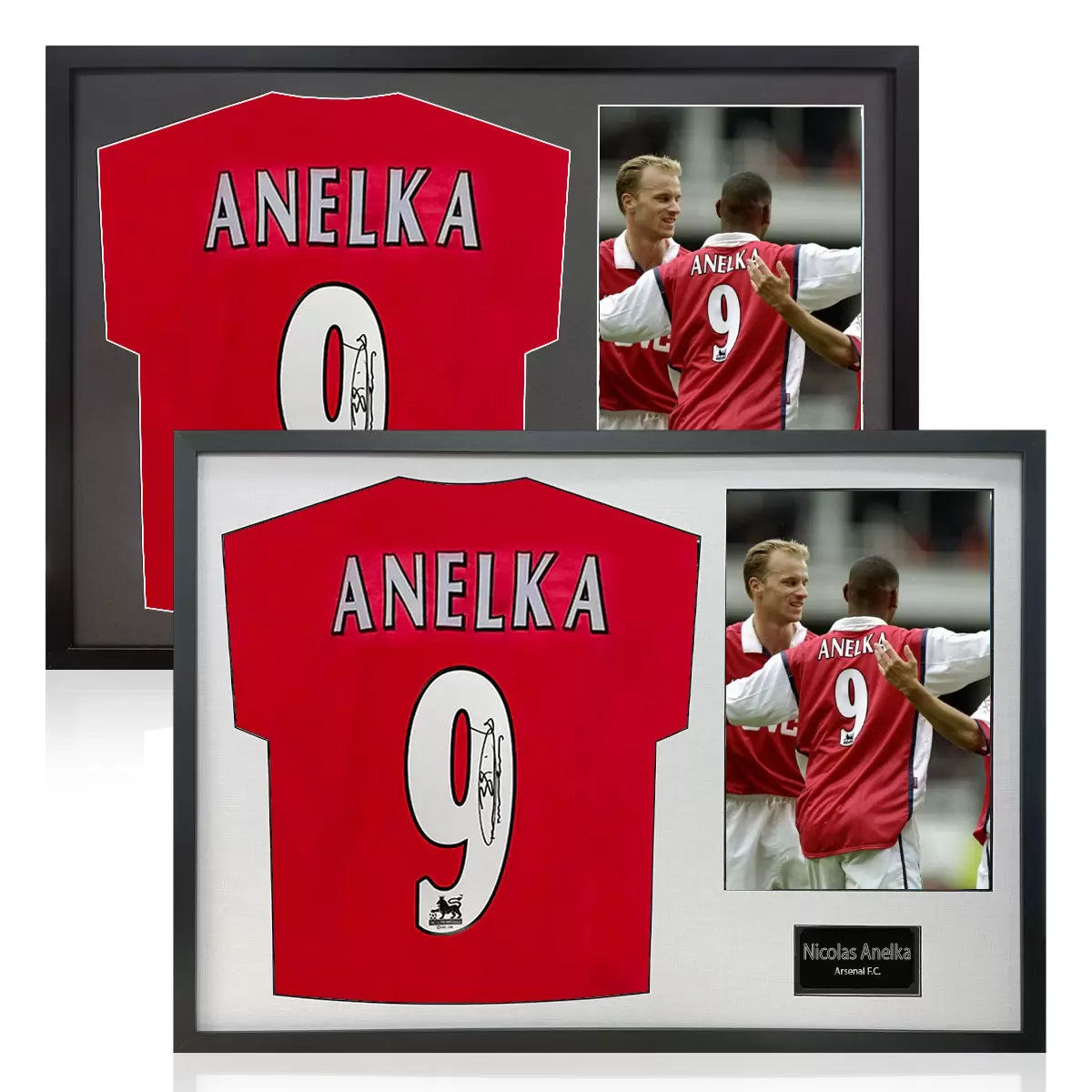 A professionally framed official Arsenal football shirt signed by Nicolas Anelka, displayed with a crisp white mount inside a sleek, high-quality wooden frame.