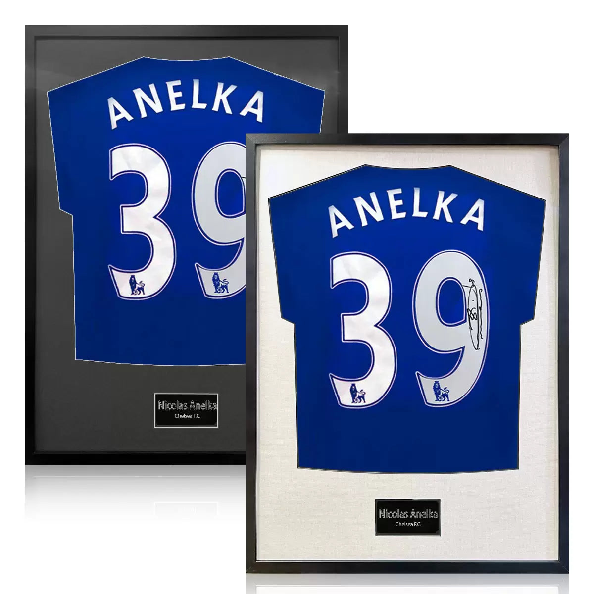 A professionally framed official Chelsea football shirt signed by Nicolas Anelka, displayed with a crisp white mount inside a sleek, high-quality wooden frame.