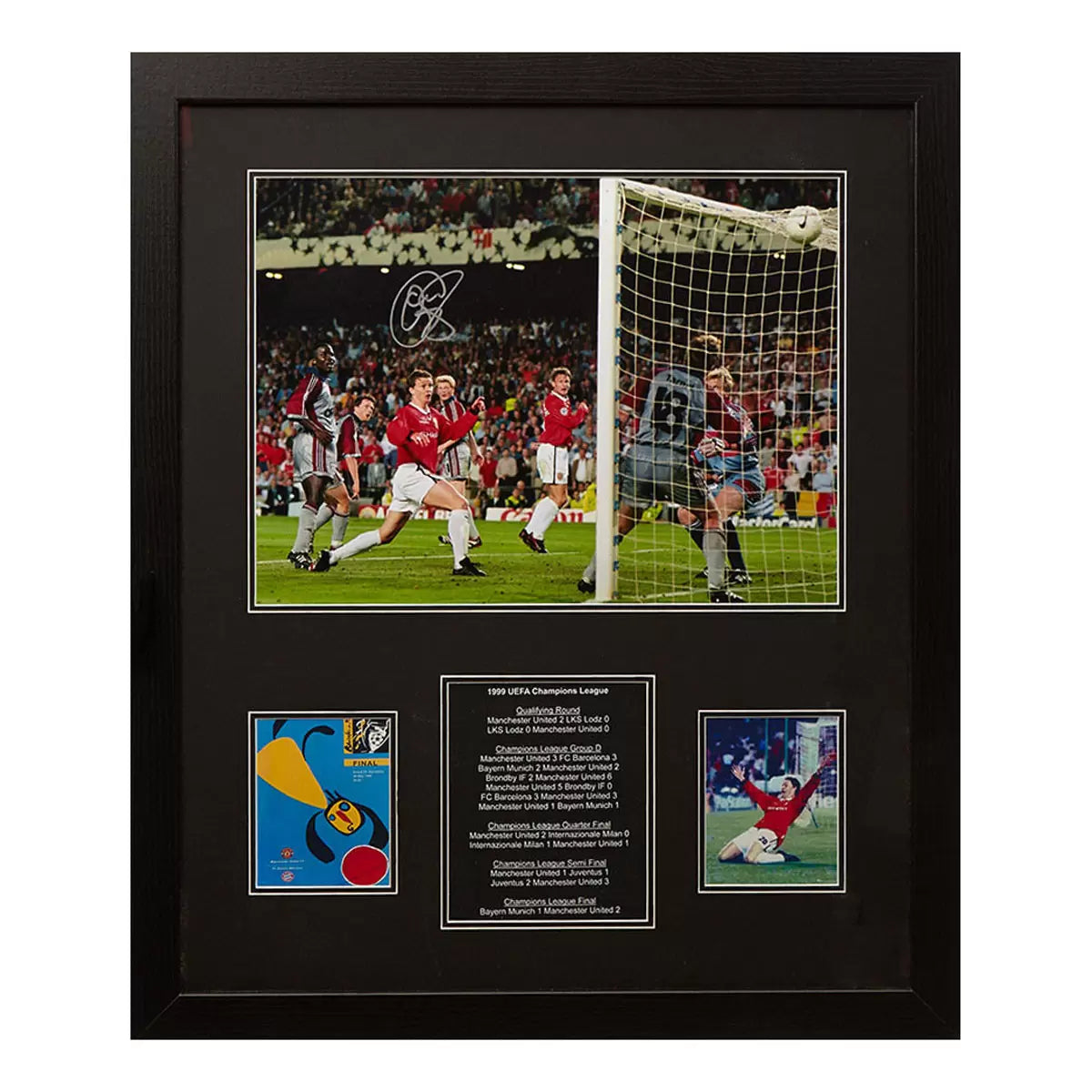 A professionally framed action photograph of Ole Gunnar Solskjaer scoring in the 1999 Champions League Final, featuring his authentic hand-signed autograph.