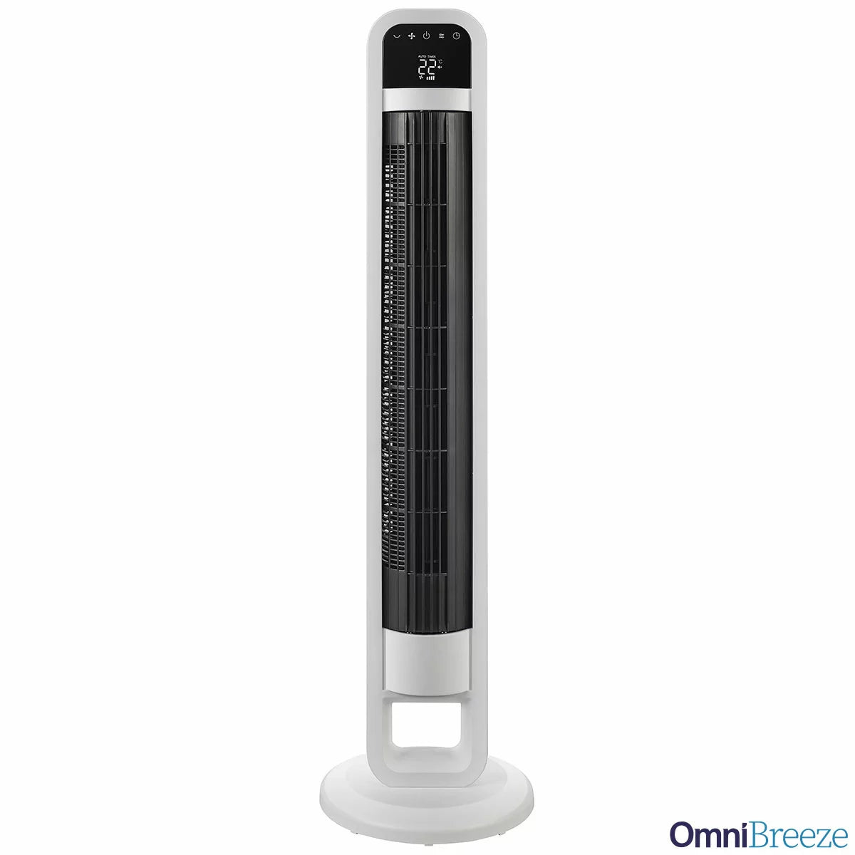Front angle view of the white OmniBreeze Tower Fan standing upright on a wooden floor in a modern living room setting.