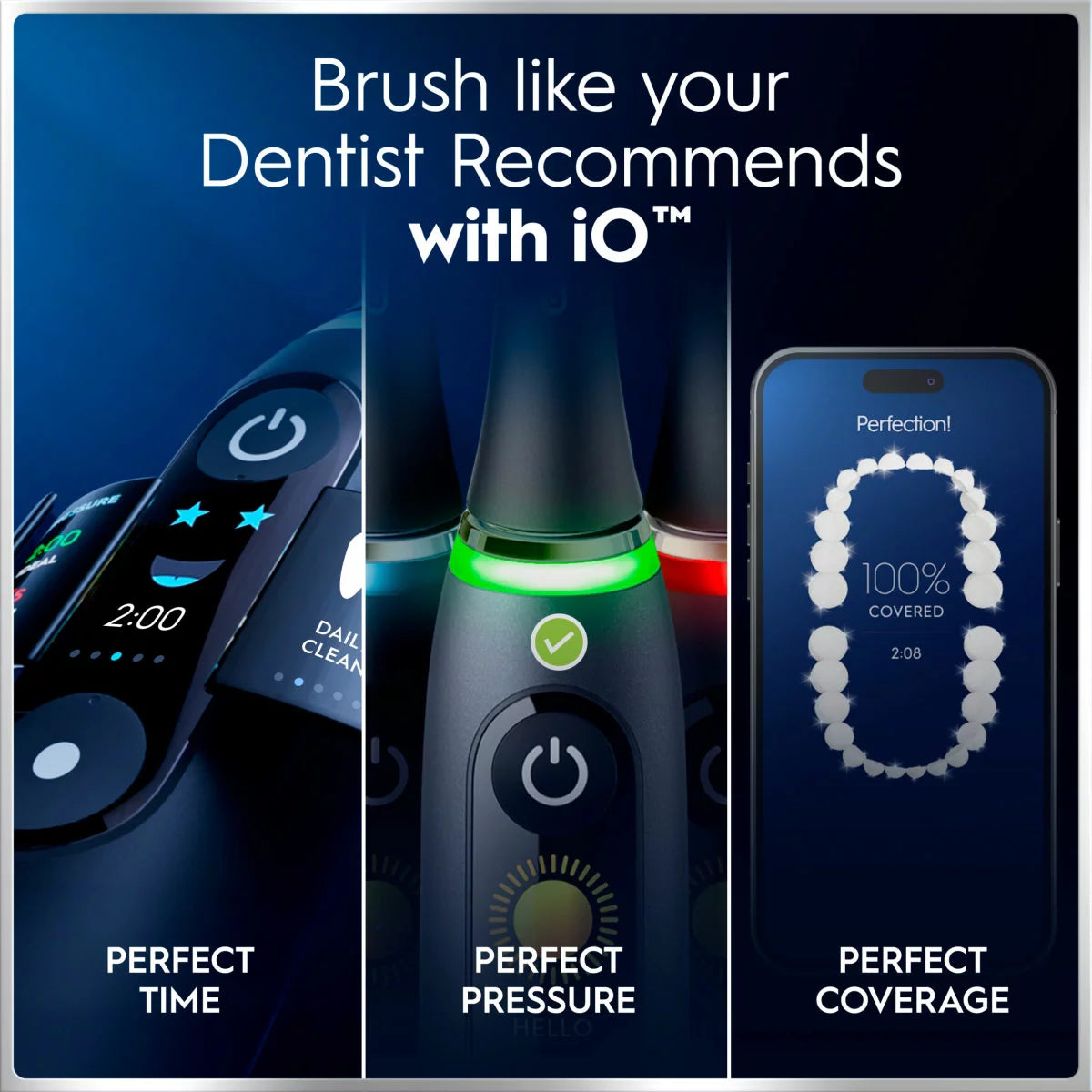 Oral-B iO 6 electric toothbrush duo pack in Black Lava and Pink Sand colors, arranged neatly on a modern vanity next to the included travel case and charging dock.