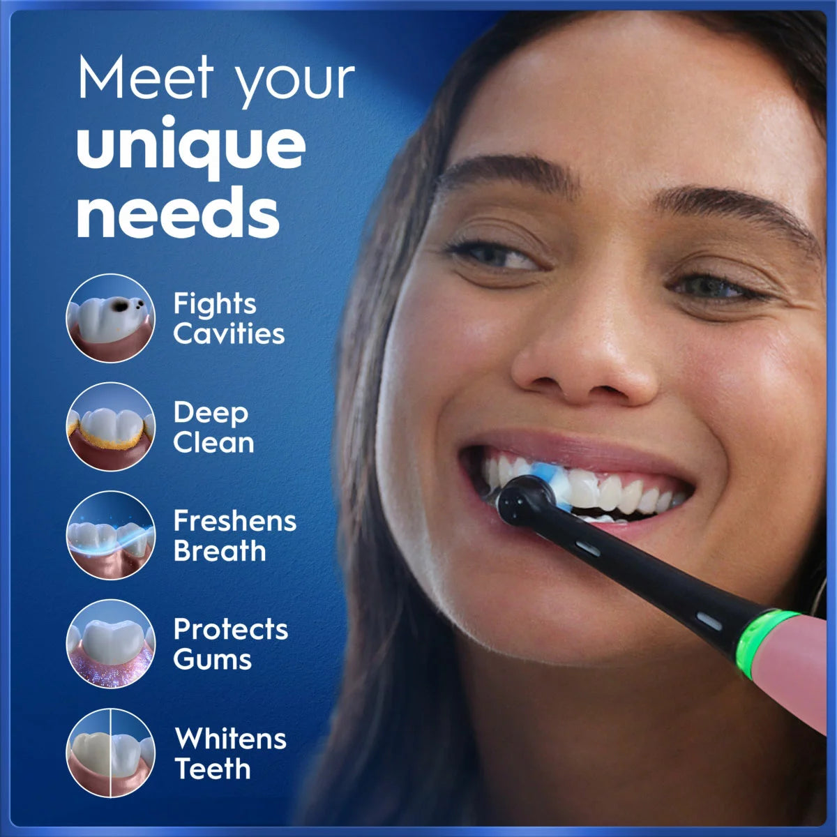 The Oral-B iO Series 5 electric toothbrush in pink, shown with its Ultimate Clean brush head against a clean, modern bathroom background.