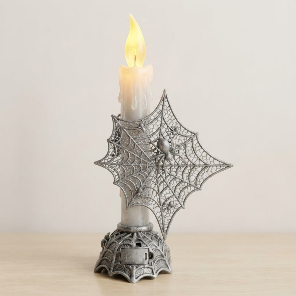 An orange skull and ghosts Halloween party candle light glowing on a dark wooden table, showcasing its festive holiday print and warm illumination