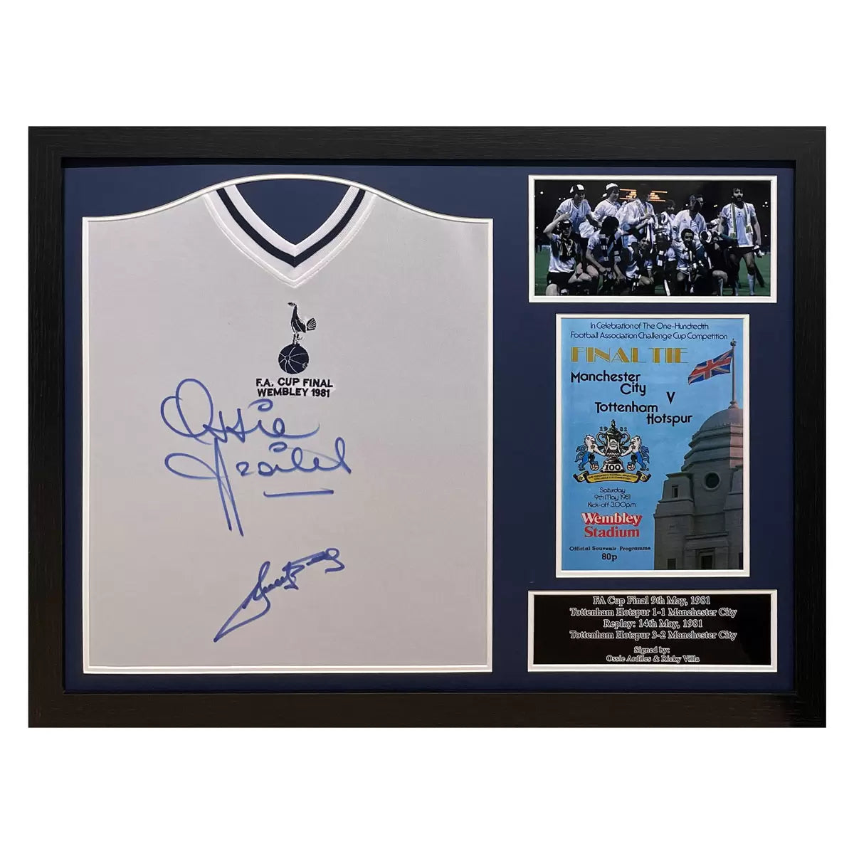 A professionally framed 1981 Tottenham Hotspur jersey, dual-signed by Ossie Ardiles and Ricky Villa, displayed in a high-quality wooden frame against a neutral wall.