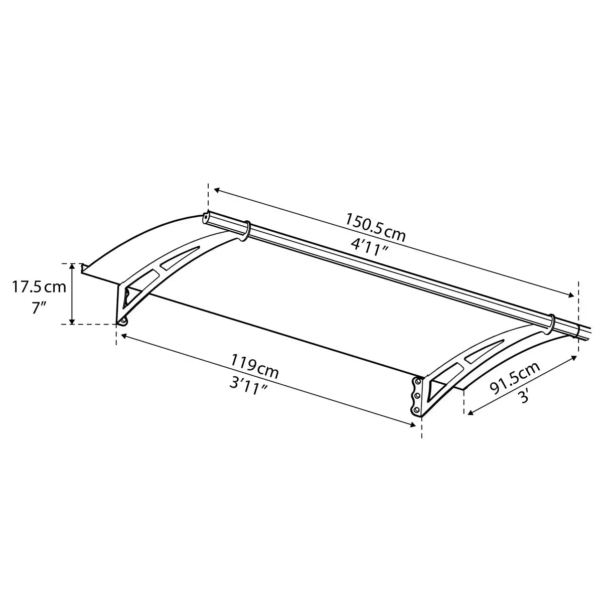 Angle view of a clear Palram Canopia Aquila 1500 door canopy with dark grey steel arms mounted over a residential front entrance.