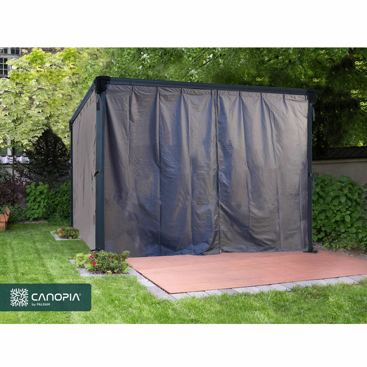 Palram Canopia Curtain Set installed on a Palermo gazebo, providing stylish privacy and protection for an inviting garden seating area.