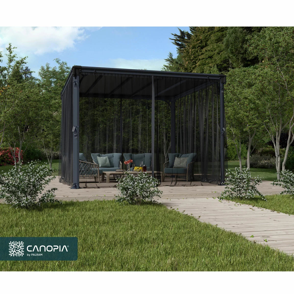 Palram Canopia Netting Set installed on a Palermo gazebo, providing a protective, bug-free enclosure for a comfortable garden patio area.