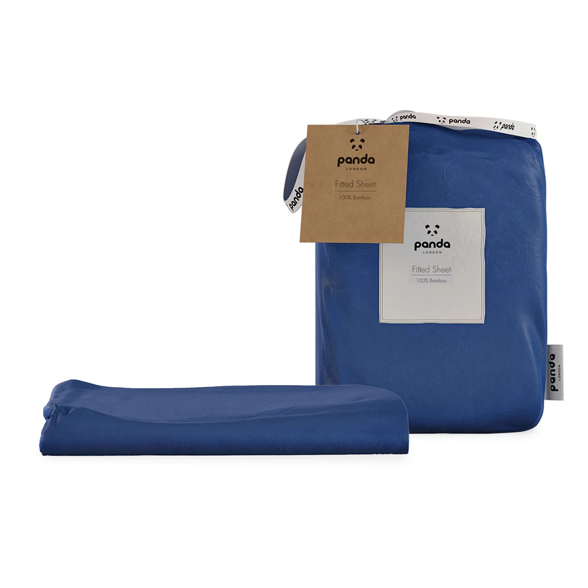 A close-up side angle of the deep navy Panda 100% bamboo fitted sheet pulled smoothly over a thick mattress corner in a minimalist bedroom environment.