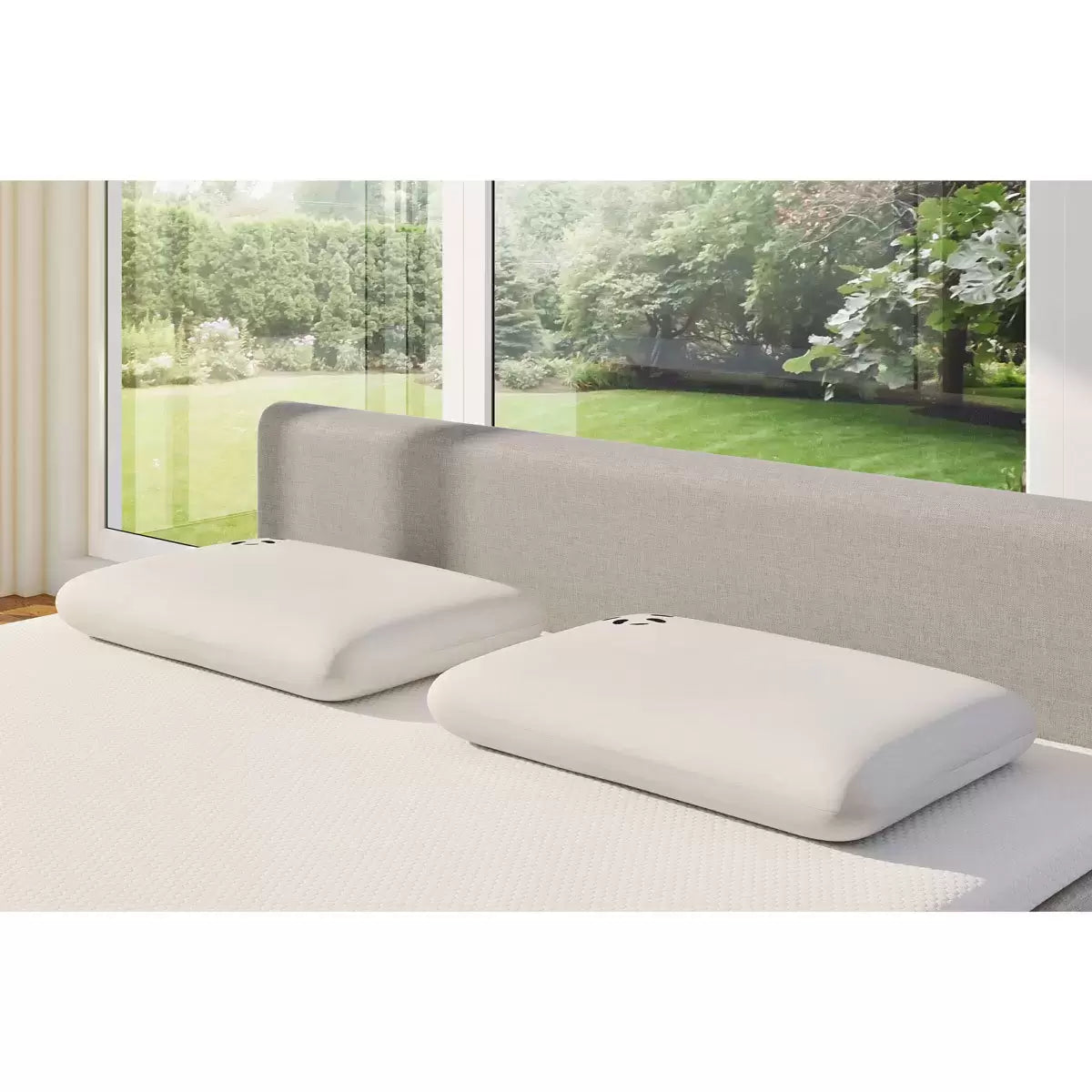 White Panda memory foam pillow featuring a textured silky bamboo cover with subtle brand detailingWhite Panda memory foam pillow featuring a textured silky bamboo cover with subtle brand detailing, shown resting horizontally on a minimalist wooden bed frame. shown resting horizontally on a minimalist wooden bed frame.