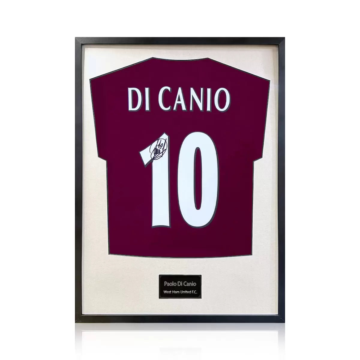 A professionally framed West Ham United football shirt autographed by Paolo Di Canio, centered in a high-clarity frame with a choice of black or white mounting.