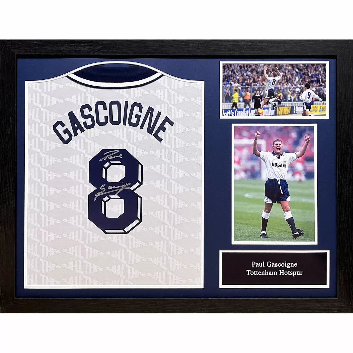 A professionally framed 1991 Tottenham retro football shirt signed by Paul Gascoigne, presented in a crisp 80x60cm display case against a professional studio background.
