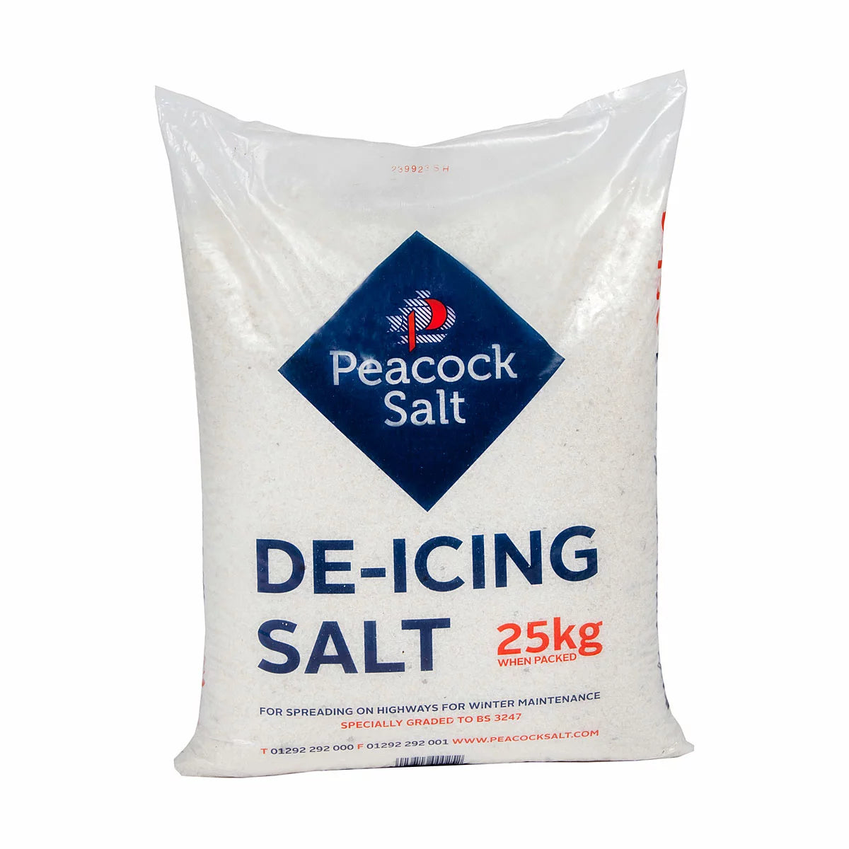 A professional pallet stack of 40 Peacock De-Icing Salt 25kg bags stored in a clean warehouse environment.