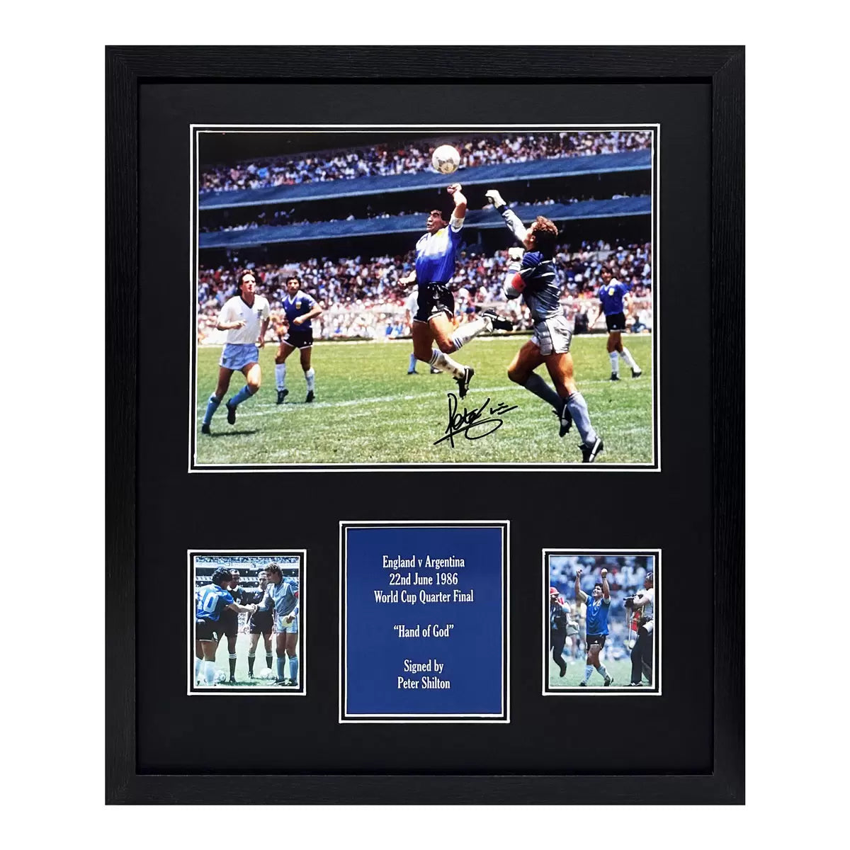 Peter Shilton signed framed Hand of God football photograph memorabilia display