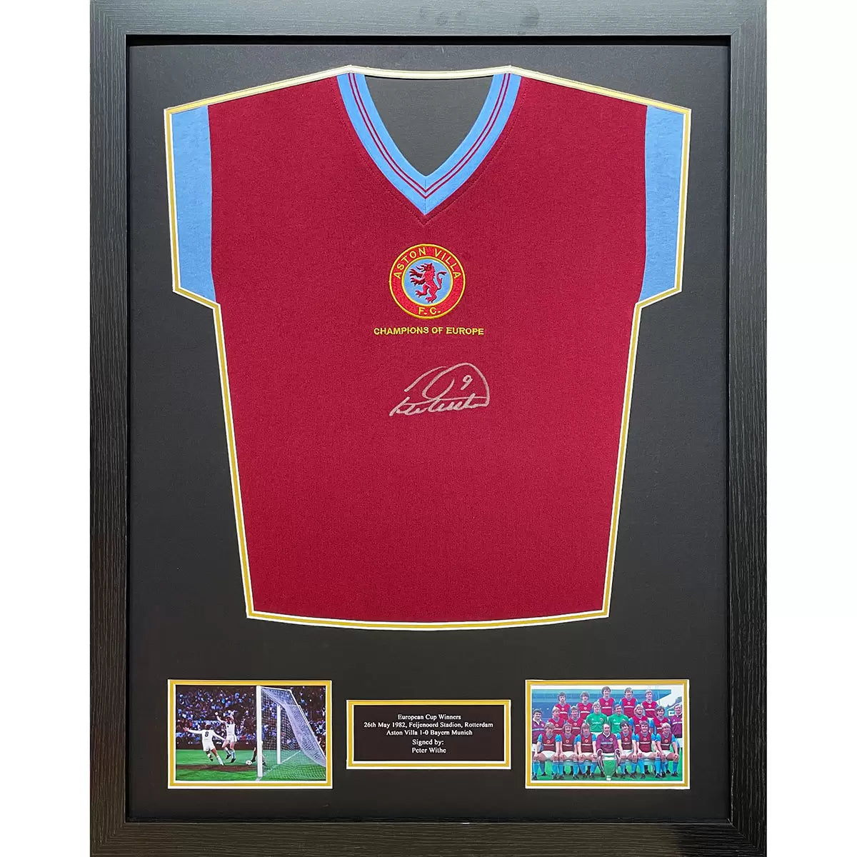 A professionally framed Aston Villa 1982 retro football shirt autographed by Peter Withe, presented in a high-clarity exhibition display case.