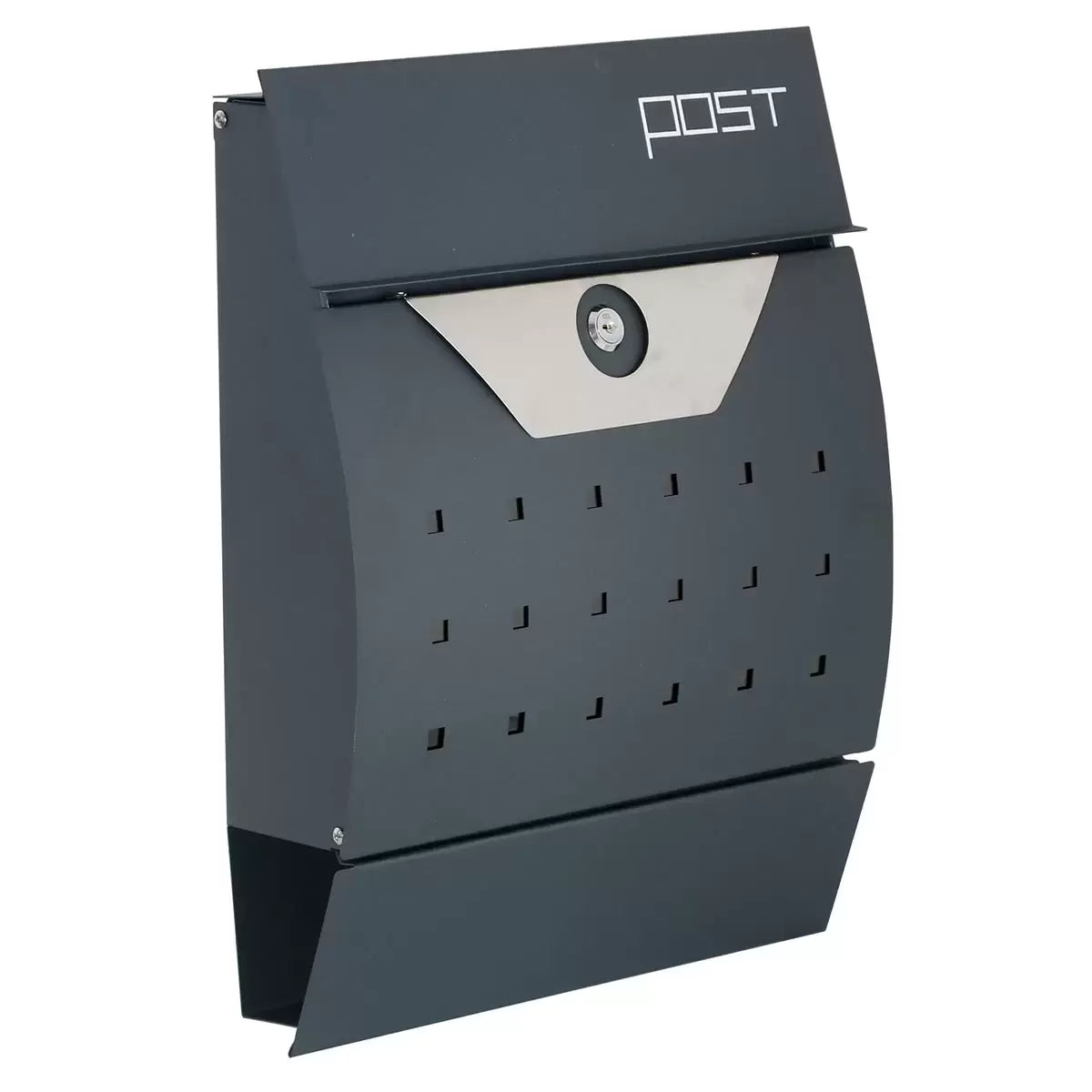 A crisp front-facing shot of the matte graphite grey Phoenix Estilo letterbox mounted on a light brick wall, detailing its front-loading slot and keyed lock chamber.