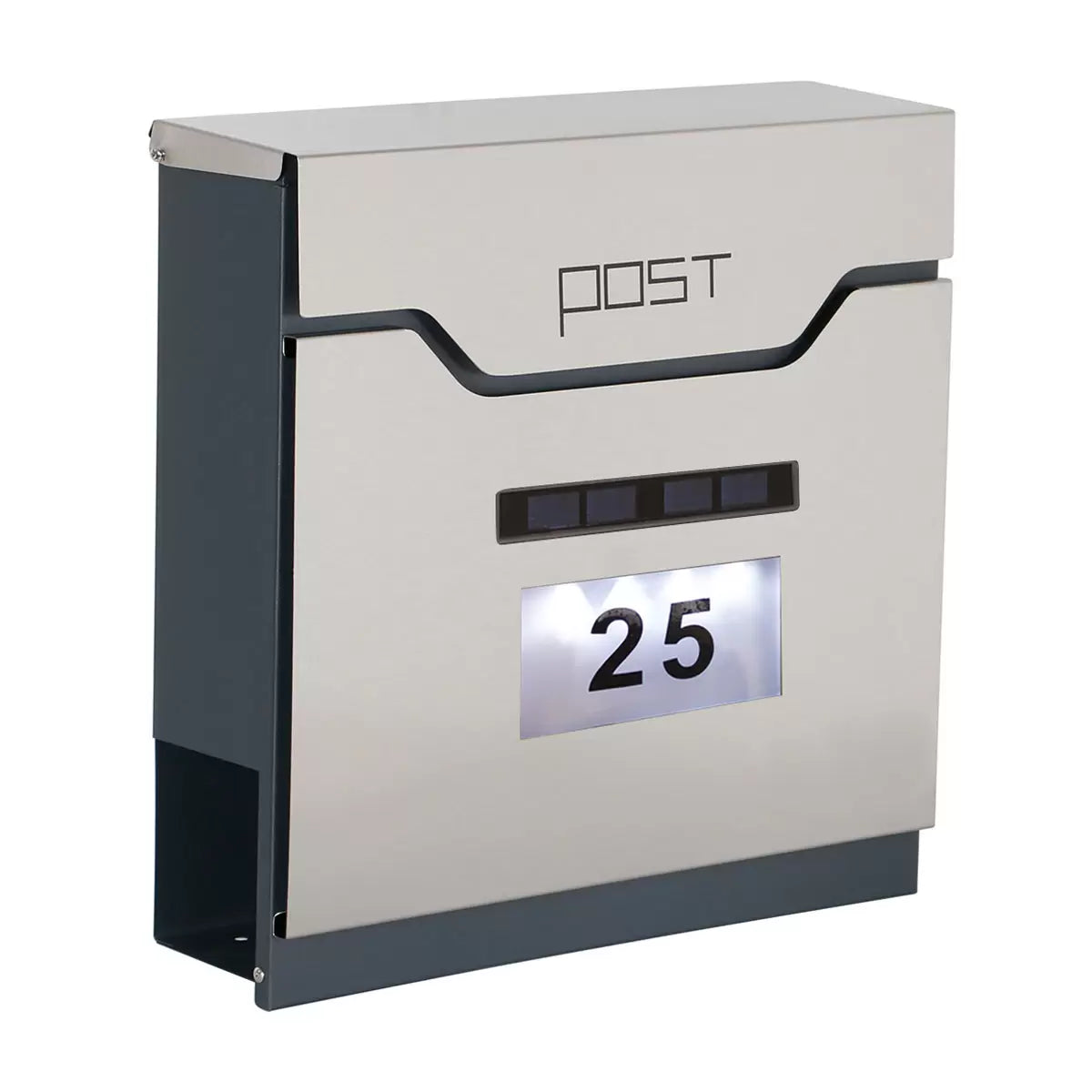 Side-angle close-up of the stainless steel Phoenix Estilo MB0125KS letterbox mounted on a brick wall, showcasing its top-loading slot, lower newspaper roll, and glowing solar-powered number panel.
