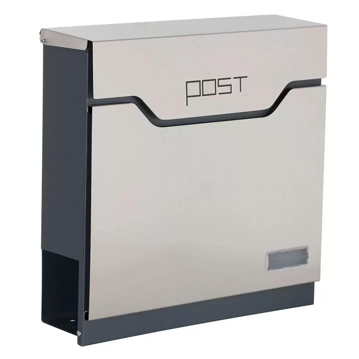 A side-angle product photograph of the silver Phoenix Estilo stainless steel mailbox mounted on a clean exterior wall, emphasizing its weather-resistant top lid and integrated lower newspaper cylinder.