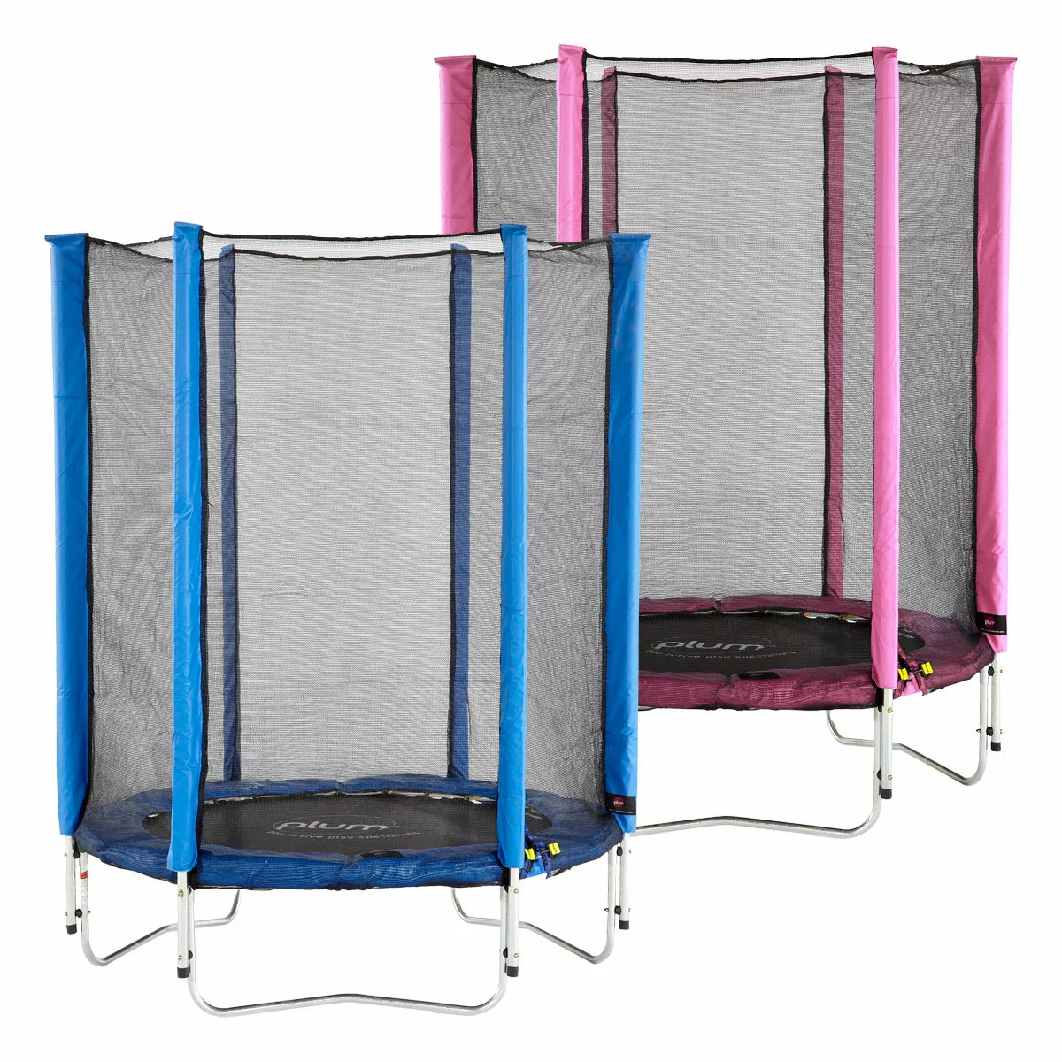 Small Plum 4ft Springsafe trampoline with black safety netting and blue protective padding for kids.