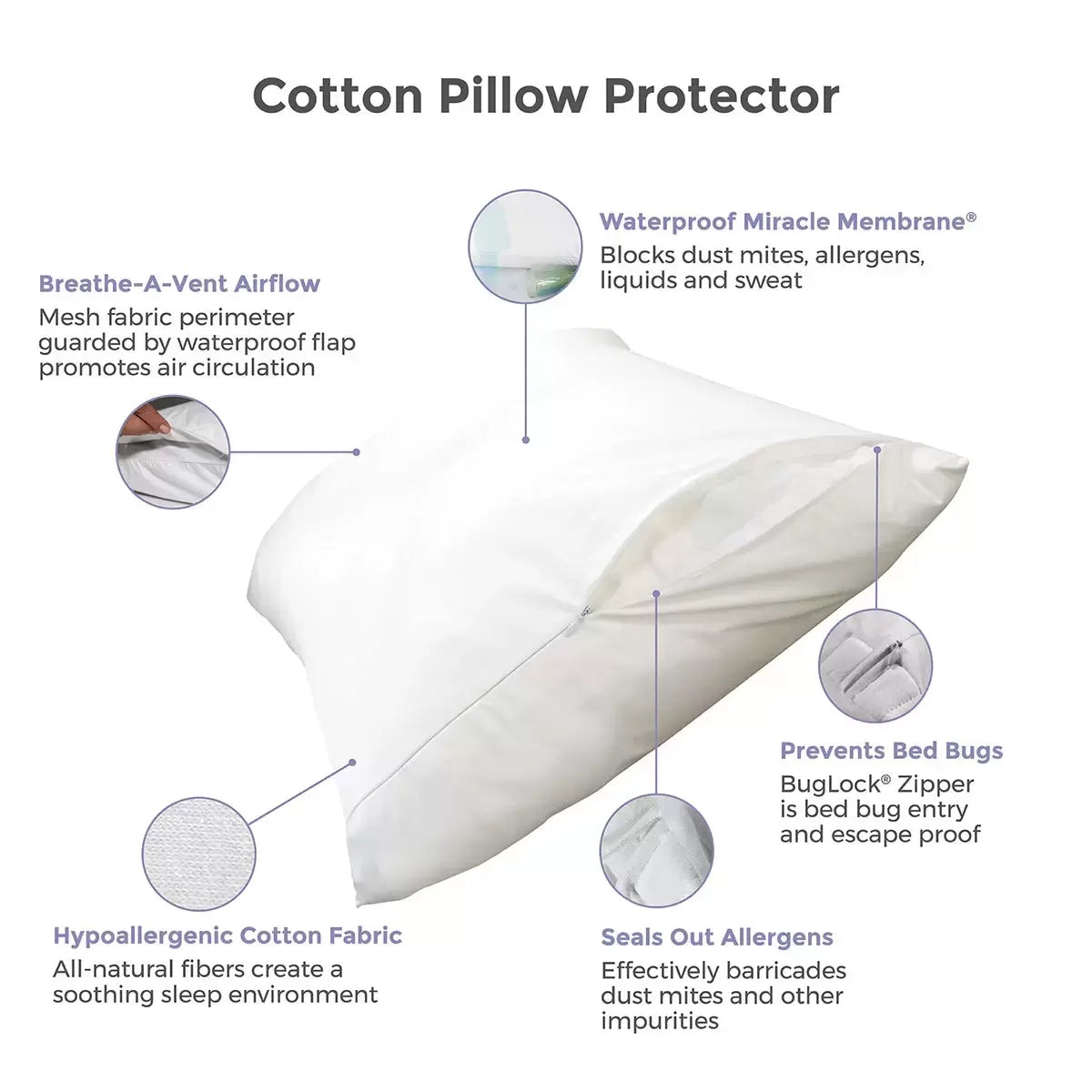 Pair of white protect-a-bed cotton pillow protectors with zippered edge and side mesh ventilation panel displayed flat on light background.