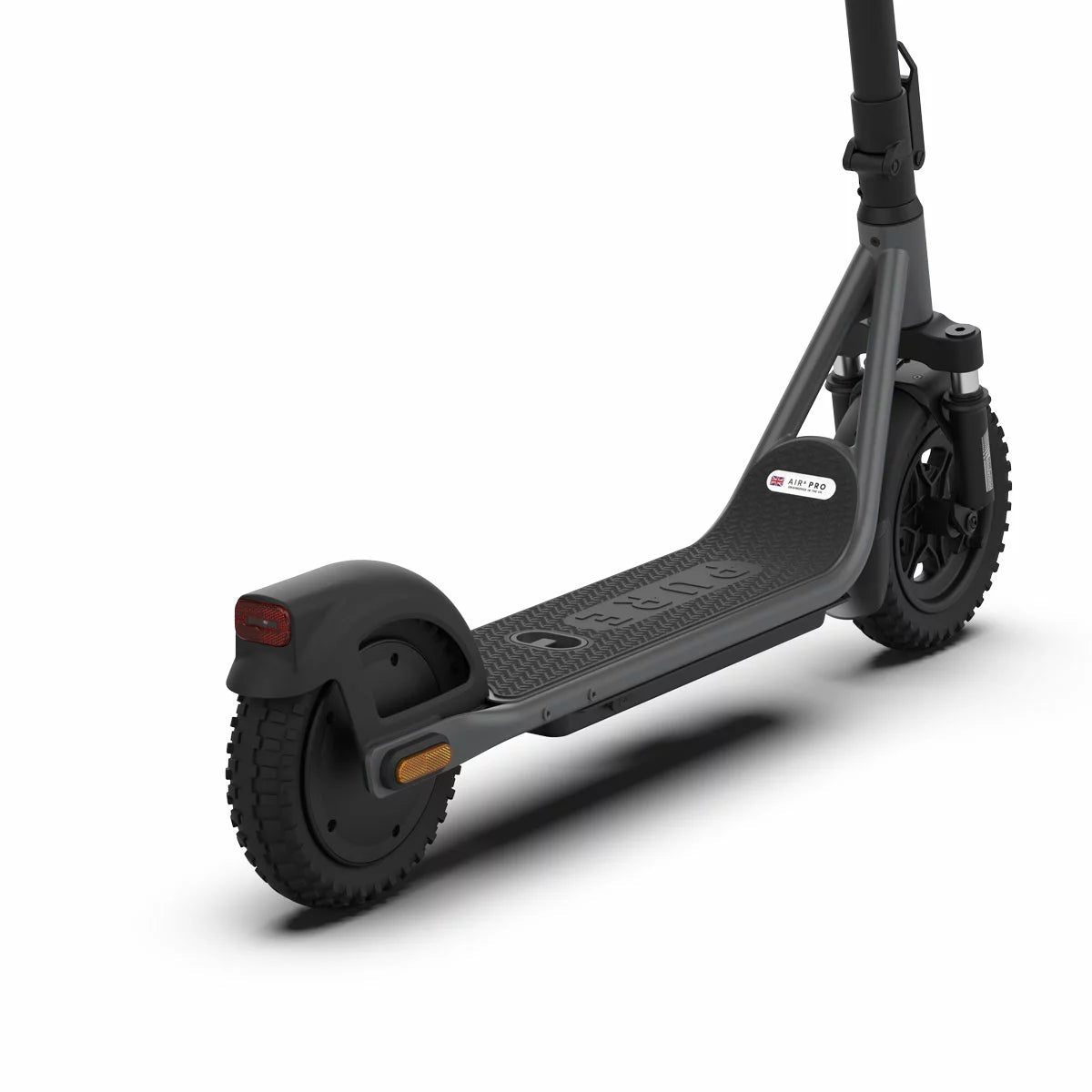 Side profile of the matte black Pure Air6 Pro folding electric scooter with 10 inch tubeless tyres and handlebar turn signals displayed on an urban pavement.