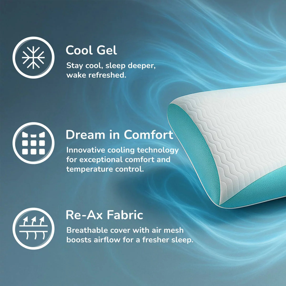 White REM-Fit cool gel memory foam pillow showcasing its breathable textured cover with subtle blue cooling accents resting on a modern bed.