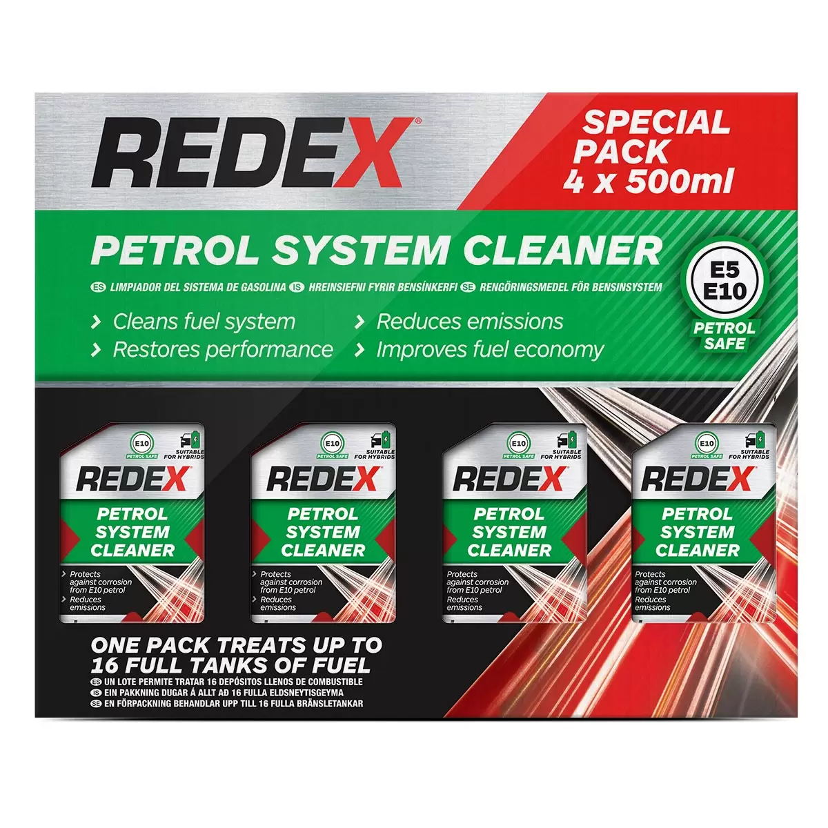 Front view of a four-pack of 500ml Redex Fuel System Cleaner bottles displaying clear dosage markings on the side of the red containers.