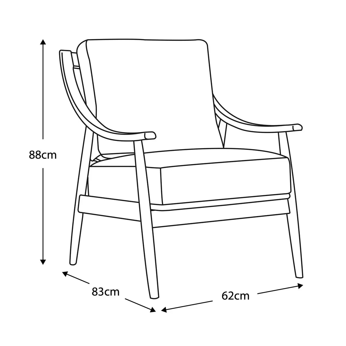 A side angle view of the Gallery Reliant natural linen armchair highlighting its exposed light-toned ash wood frame, padded natural linen upholstery, and retro silhouette.