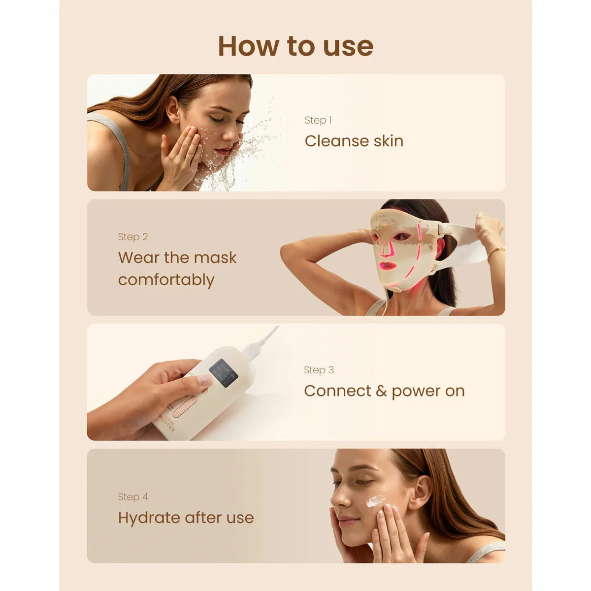 The Renpho Artimis Blush LED face mask displayed on a clean, modern vanity, highlighting the flexible silicone material and the integrated corded remote.