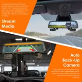 All-black 12-inch Rexing M4 smart mirror dash cam showing its high-definition touchscreen interface with four split-screen video feeds displaying front, rear, and side-view camera angles.
