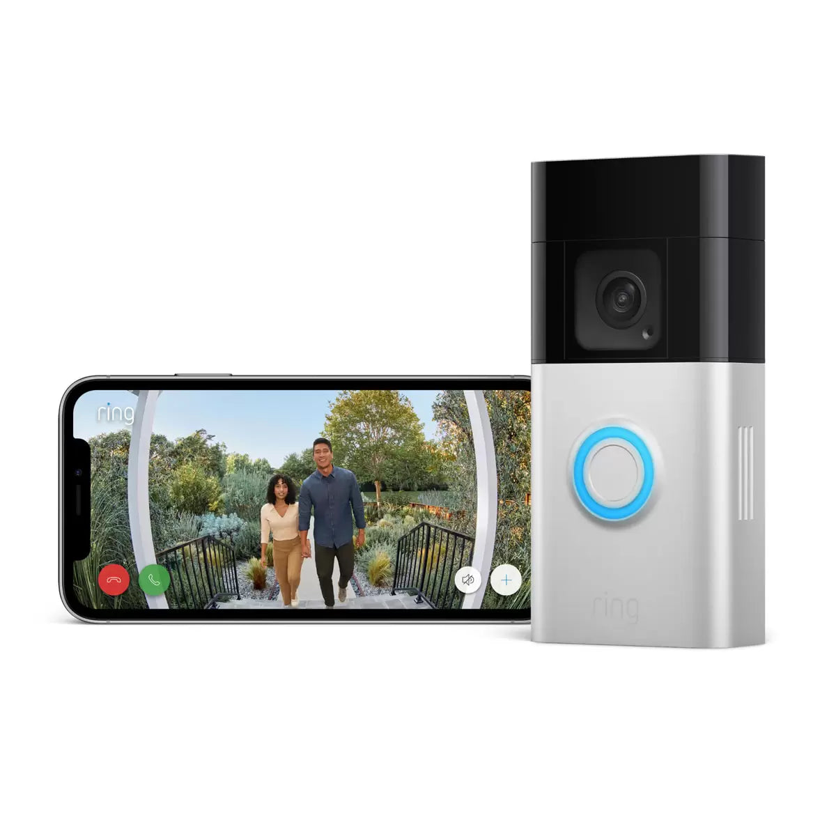 A front door installation showcasing the satin nickel Ring Battery Video Doorbell Plus mounted next to a dark wood frame, alongside the white Chime Pro plugged into a hallway wall outlet indoors.