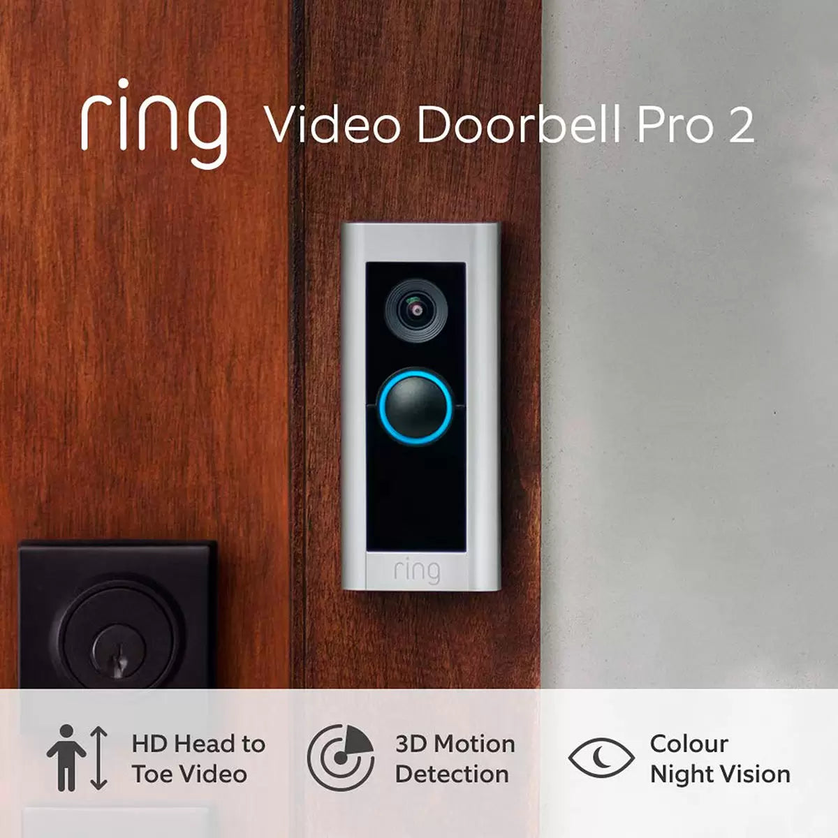 A hardwired silver satin nickel Ring Video Doorbell Pro 2 mounted vertically next to a modern front door, paired with a compact white Chime Pro plug-in unit.