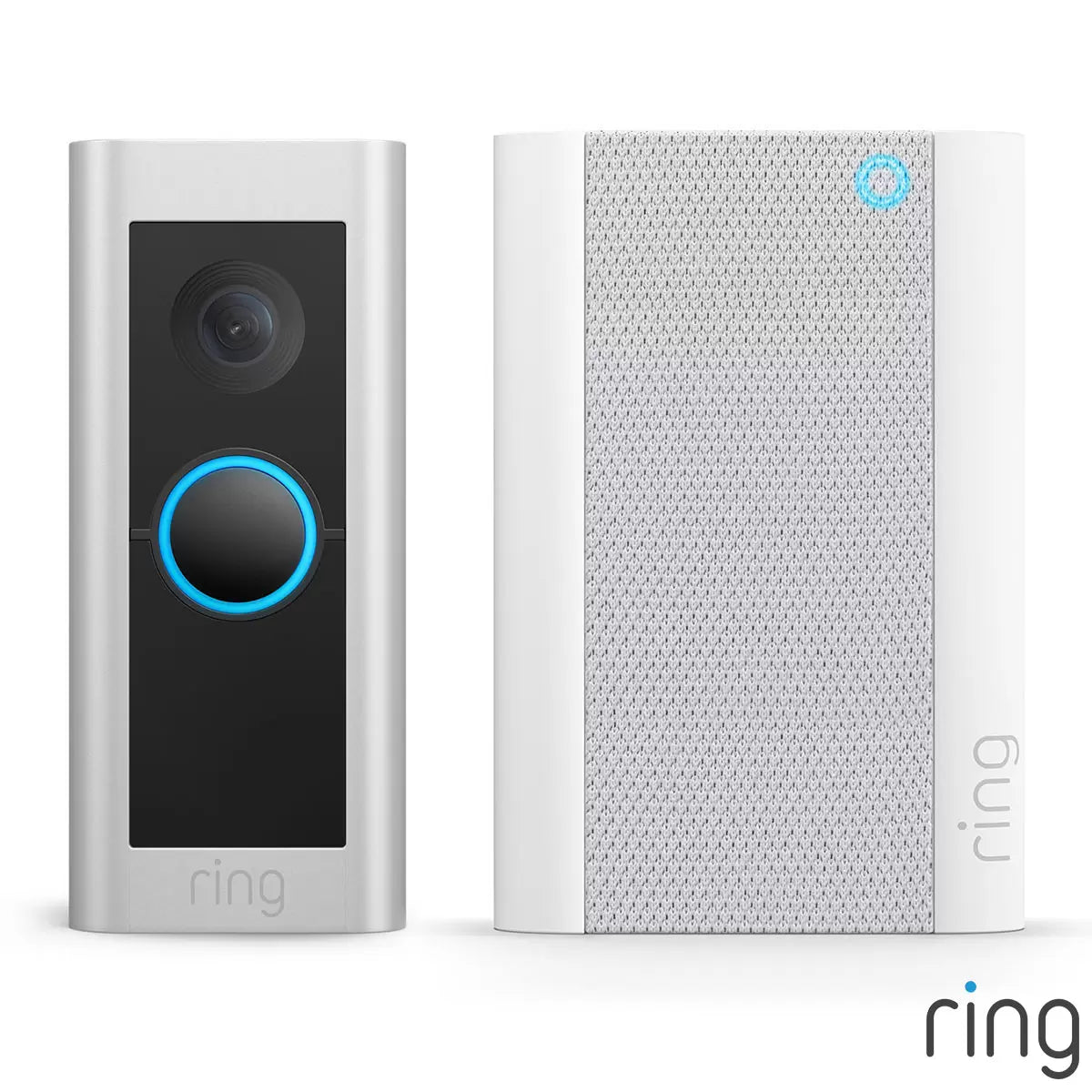 A sleek, satin nickel Ring Video Doorbell Pro 2 mounted vertically next to a modern front door, paired with a white Chime Pro plugged into a standard wall outlet.