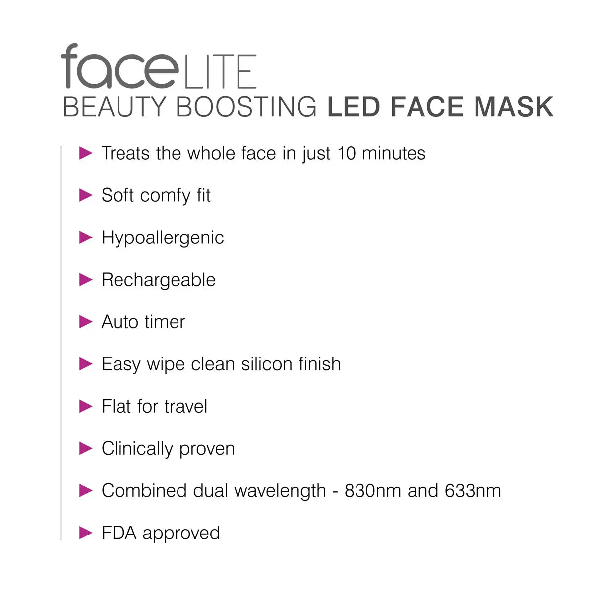 A flexible, white Rio faceLite silicone LED face mask shown glowing with soft red interior lights, resting flat on a contemporary vanity table next to its USB charging cord.