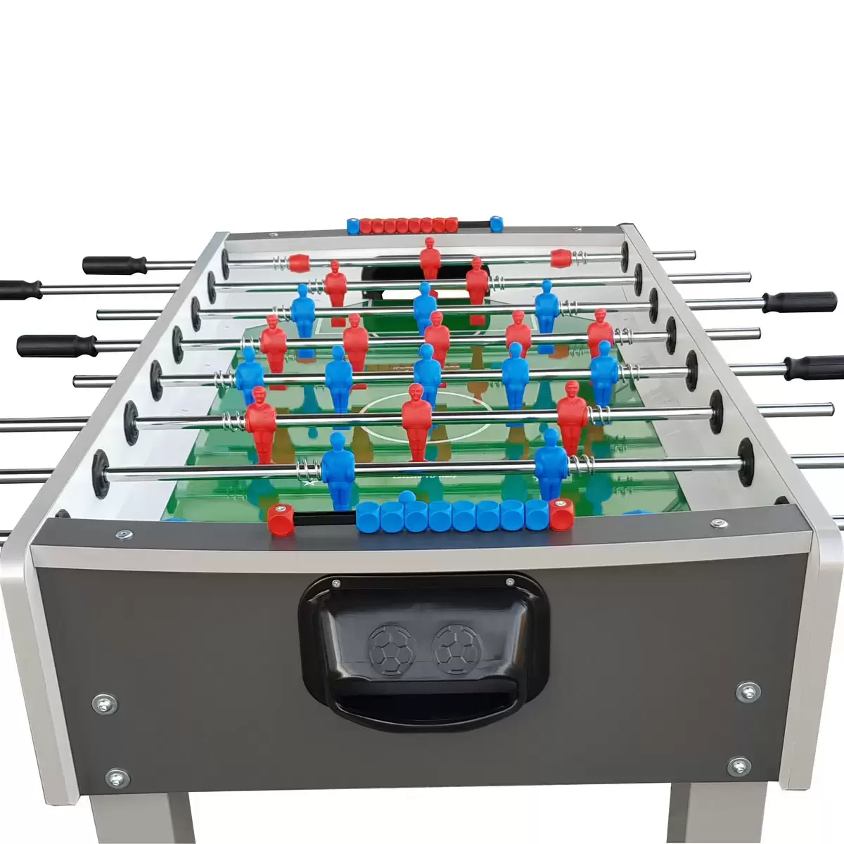 Side view of the wood-grain finish Roberto Sport 4ft Game Football Table standing on square black iron legs, showcasing its solid steel rods and blue and red miniature players.