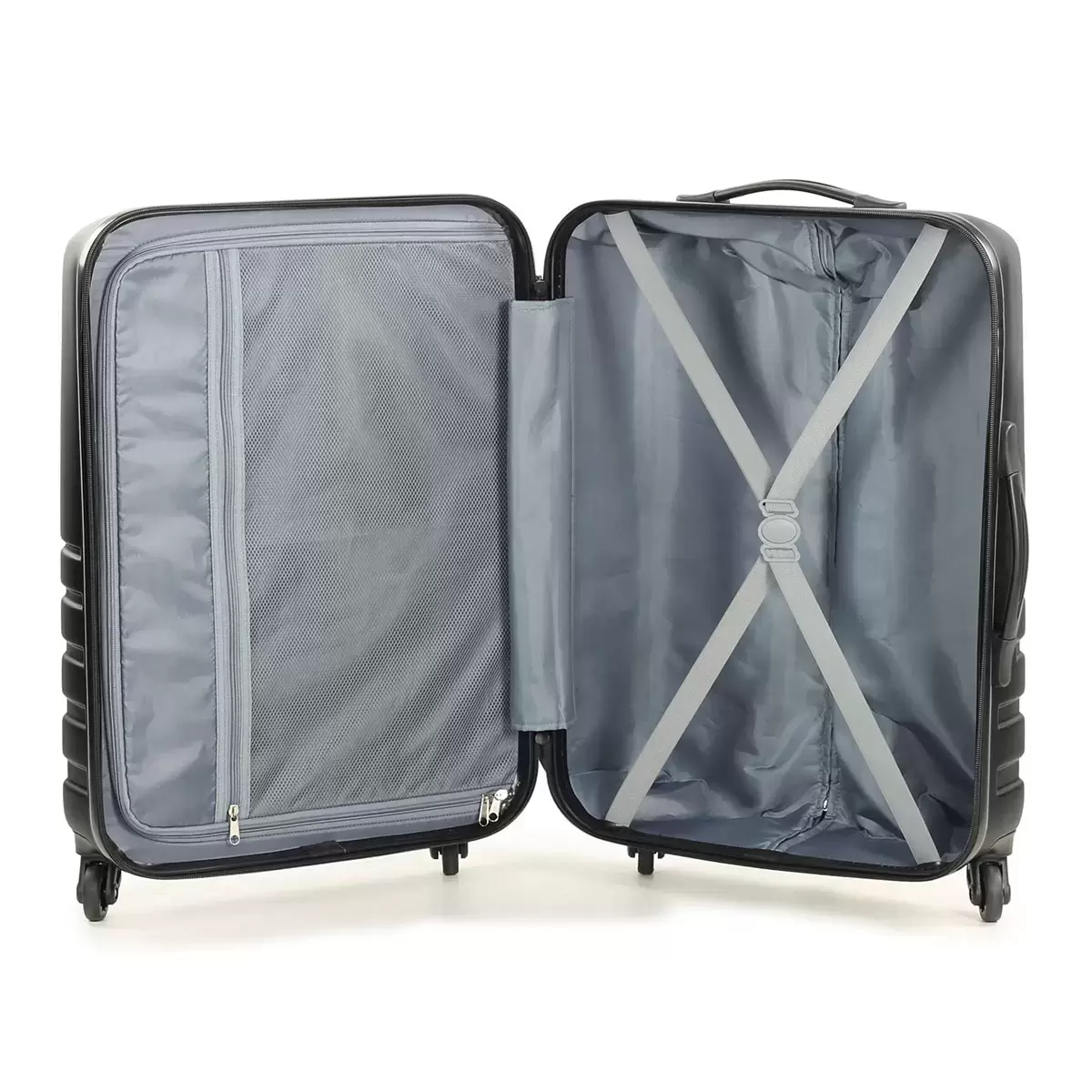 Front angle view of the black Rock Byron 3 piece hardside luggage set lined up on a modern airport lounge floor featuring cabin, medium, and large suitcases.
