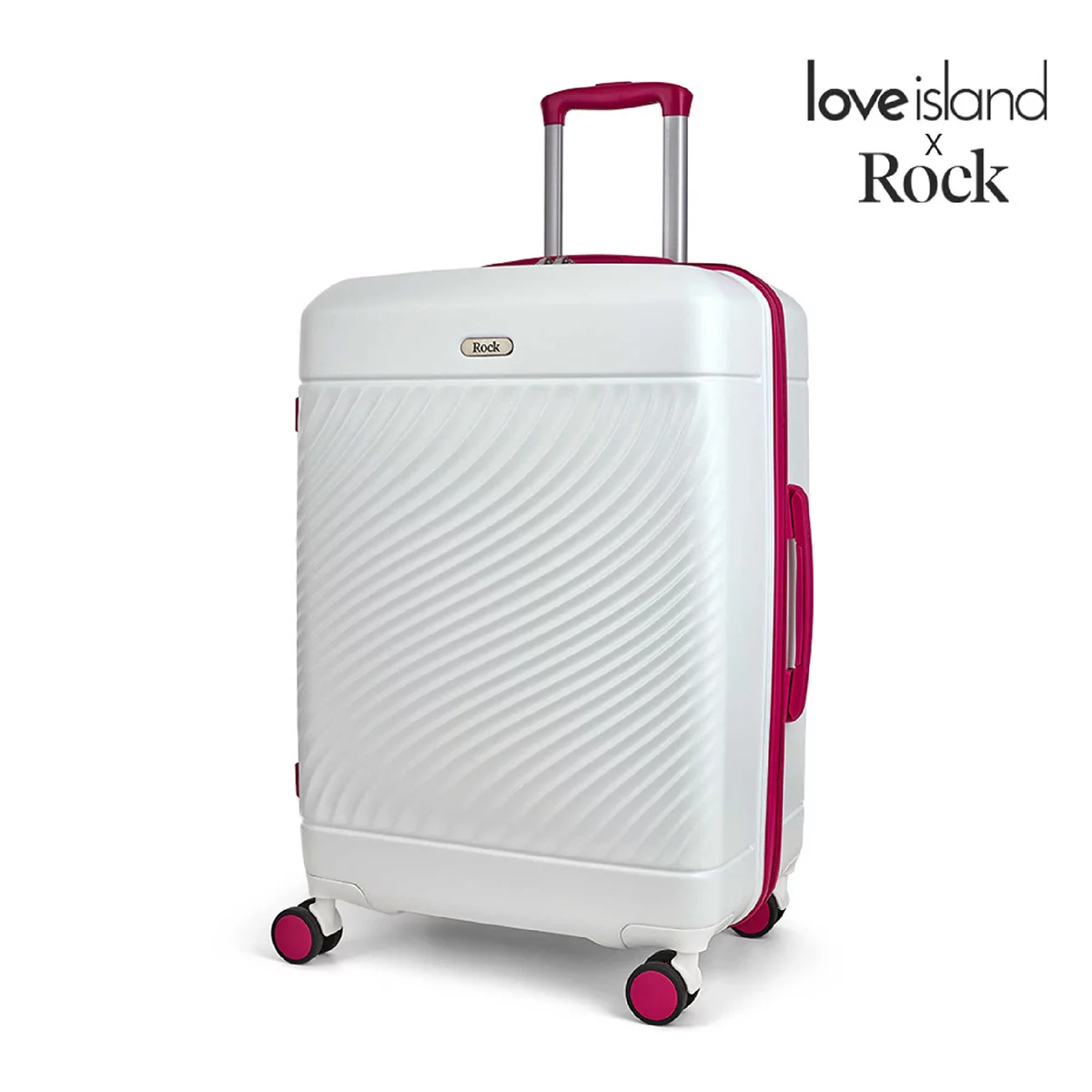 Front angle view of the Rock Love Island hardside medium suitcase showing its glossy hard shell finish, double spinner wheels, and push-button handle.