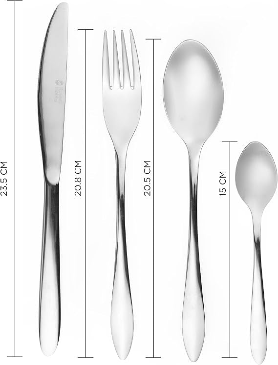 Polished silver 18/10 stainless steel Russell Hobbs Cologne 16 piece cutlery set in retail packaging showing fork, knife, dessert spoon, and teaspoon.