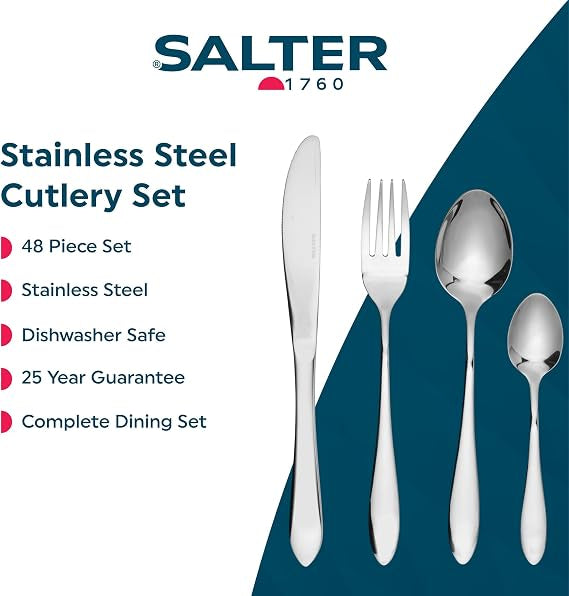 Top-down view of the 48-piece Salter Harrogate polished silver cutlery set arranged neatly on a dark wooden dining table setup for twelve guests.