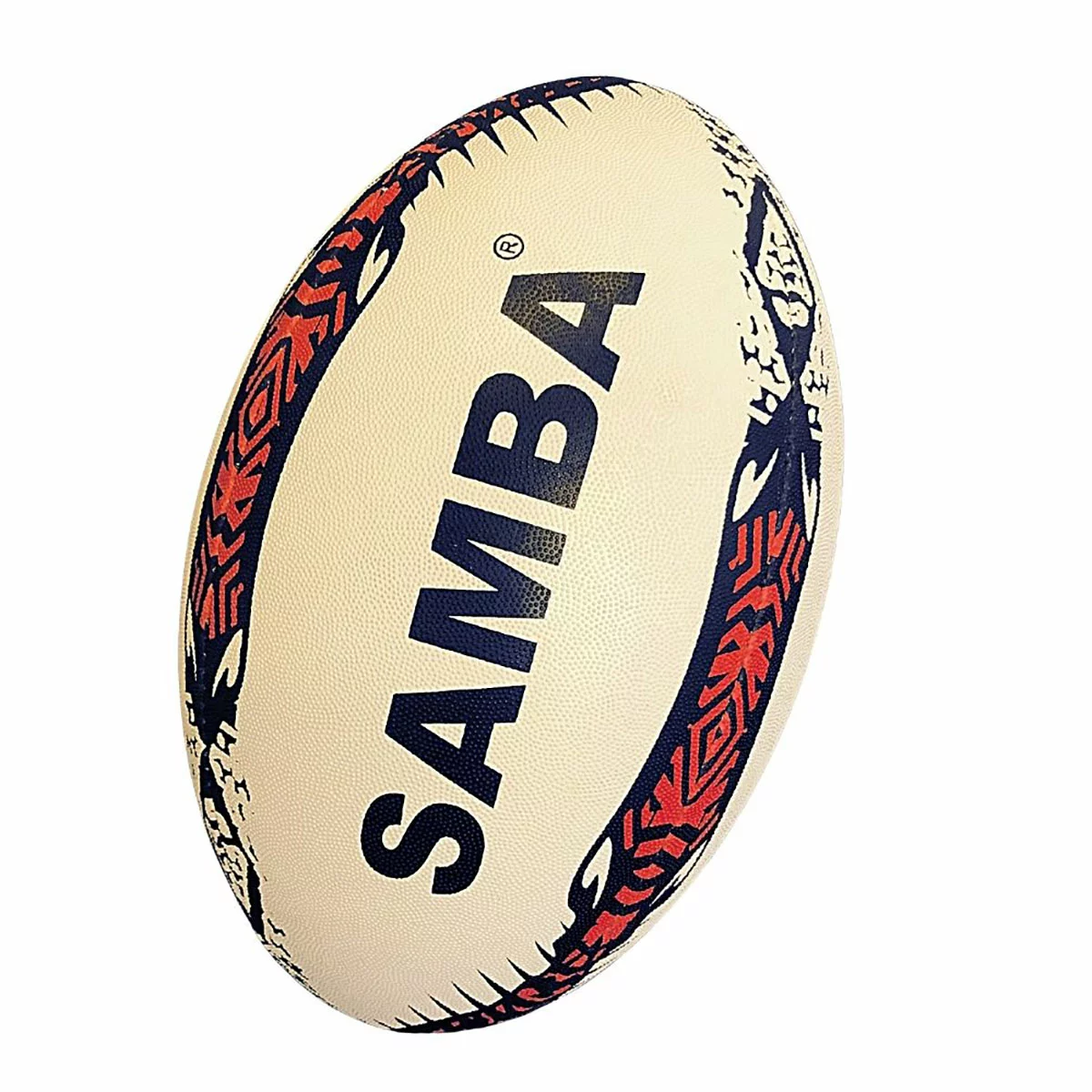 Black mesh sack filled with 10 white and blue hand-stitched Samba Racer rugby training balls placed on a damp grass pitch.