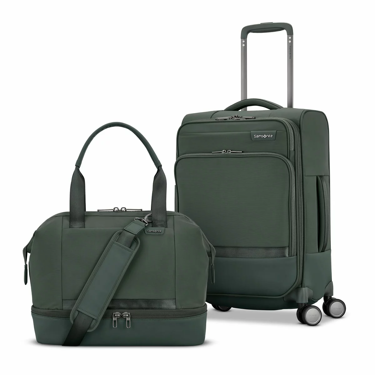 Side view of the midnight blue Samsonite Apex XLT 2 piece set with the weekender duffel stacked securely on top of the carry-on spinner against a clean stone backdrop.