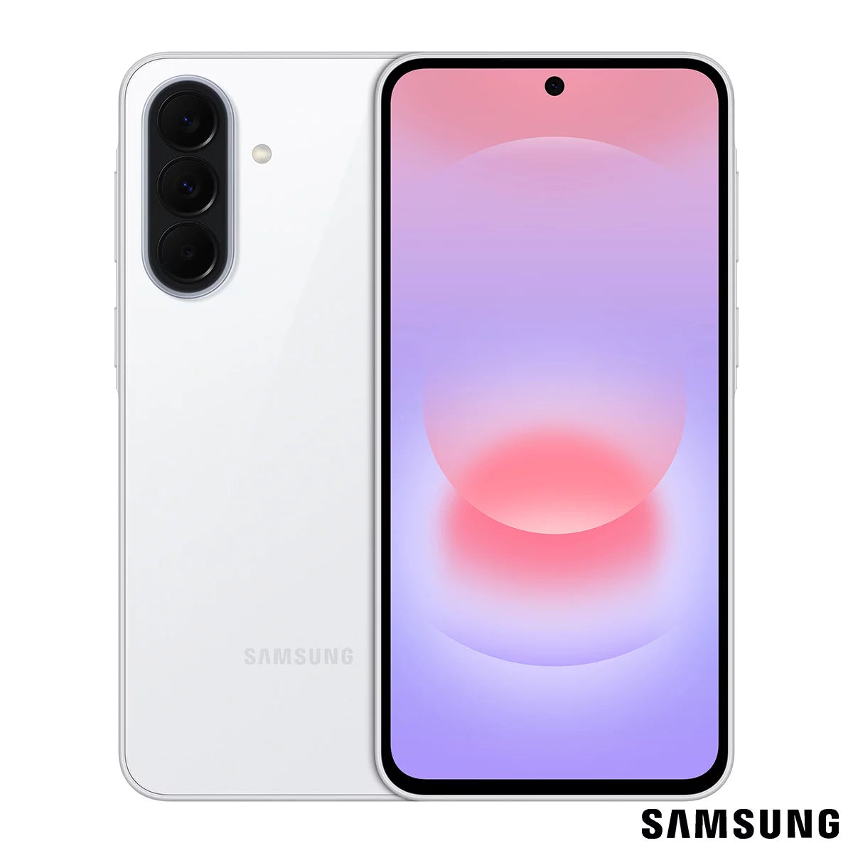 Front and back view of the slim Samsung Galaxy A37 5G in Awesome White, showing the triple camera setup in its translucent housing and the bright, bezel-less 6.7-inch AMOLED screen.