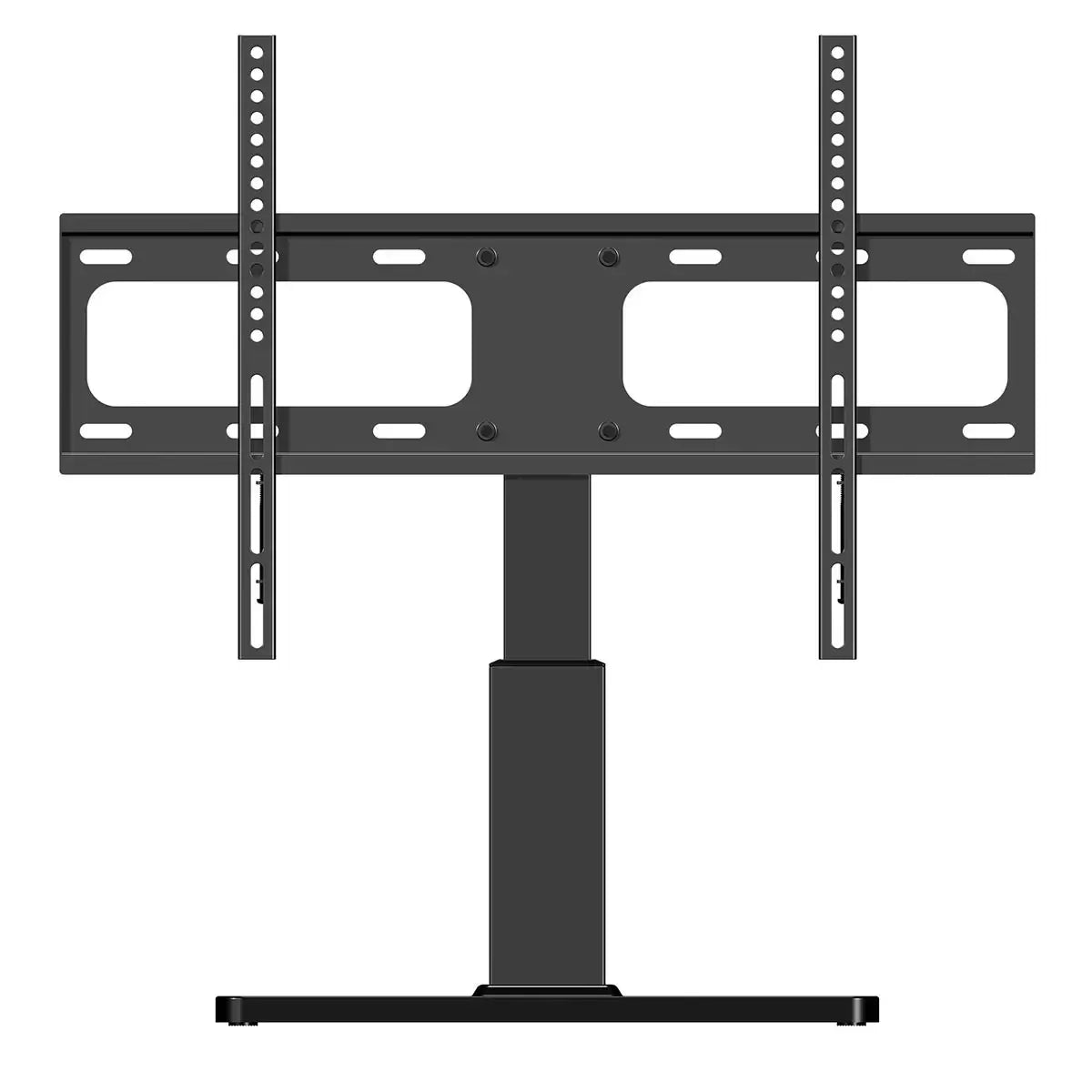 A close-up view of the black Sanus VTVS1 swivel TV base supporting a large flat-screen television, showcasing its low-profile design and tidy cable management on a wooden media unit.