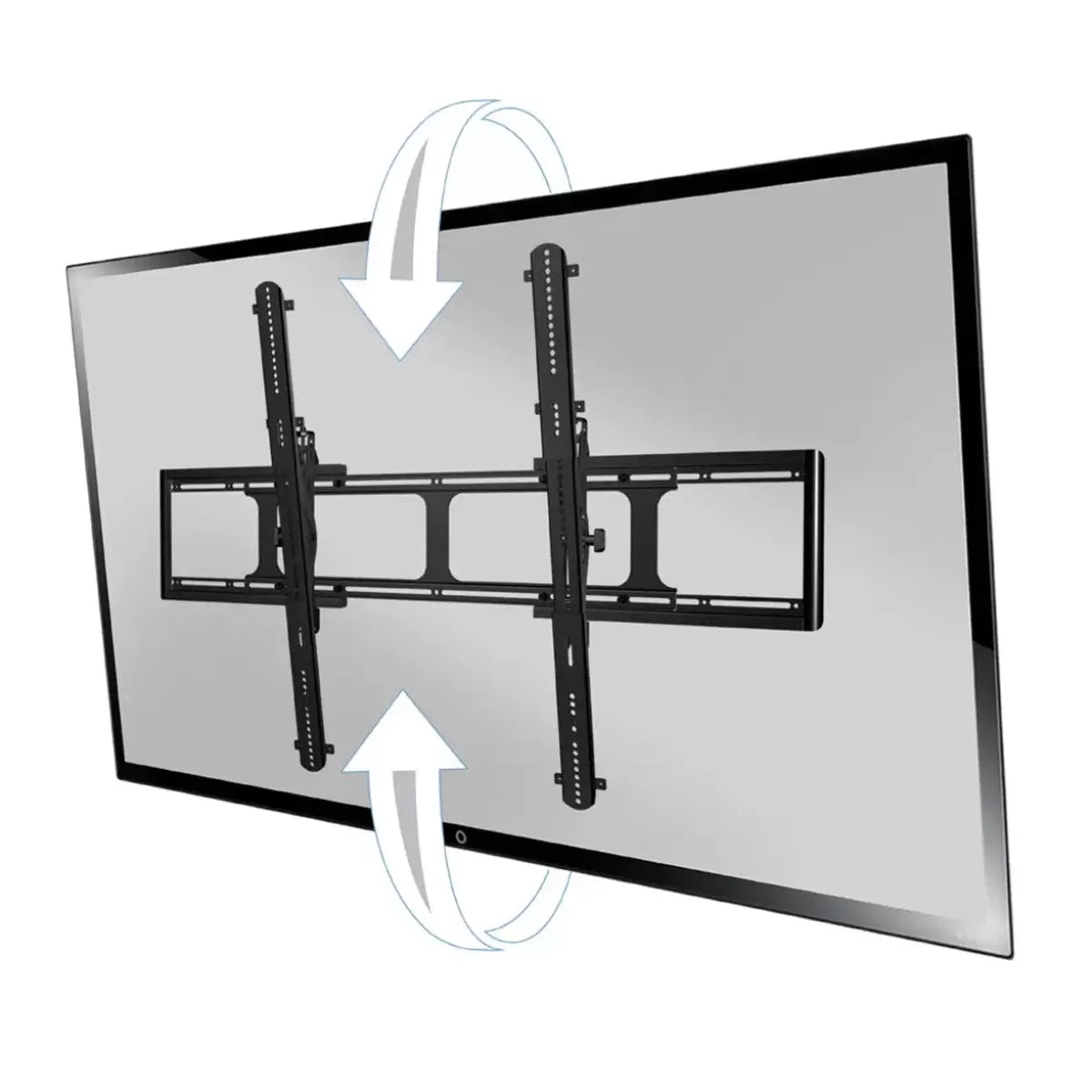 A detailed, wide-angle shot of the sturdy, black Sanus VXT7 tilting wall mount attached to a solid wall, highlighting its massive steel frame and low-profile design.