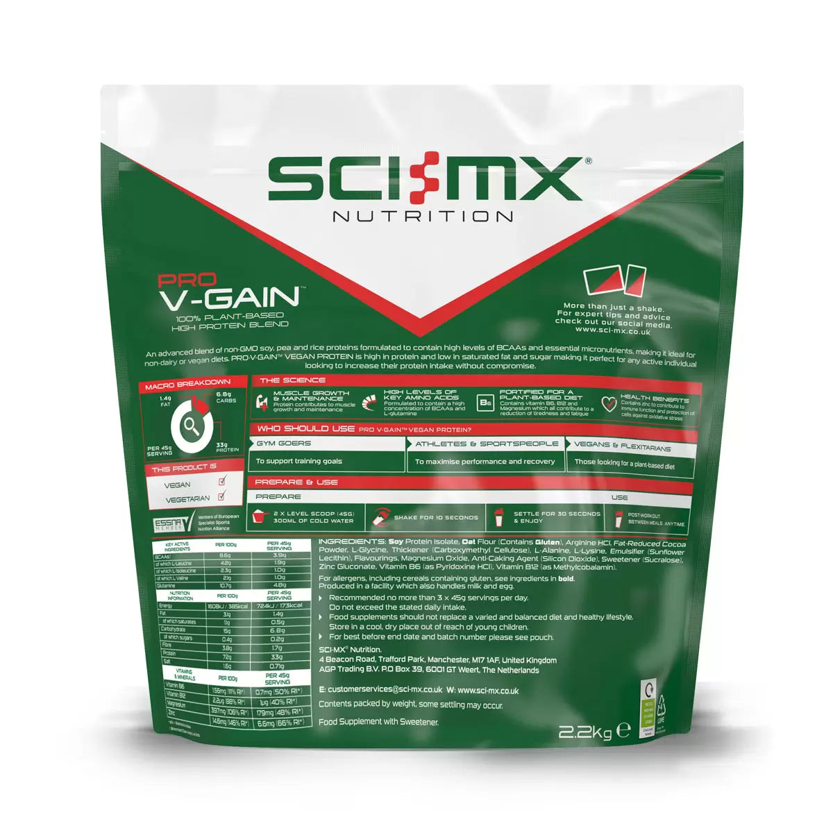 Front view of the 2.2kg Sci-Mx Pro V-Gain chocolate protein tub sitting on a clean, modern gym counter.