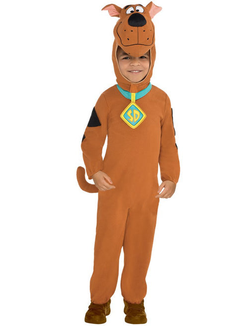 Front view of a child wearing a brown Scooby Doo jumpsuit costume with attached character hood and blue collar detail.