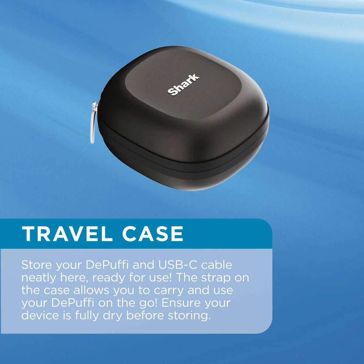 The Shark DePuffi contrast therapy tool in warm black, shown with its travel case and charging cord, highlighting its sleek, ergonomic design.