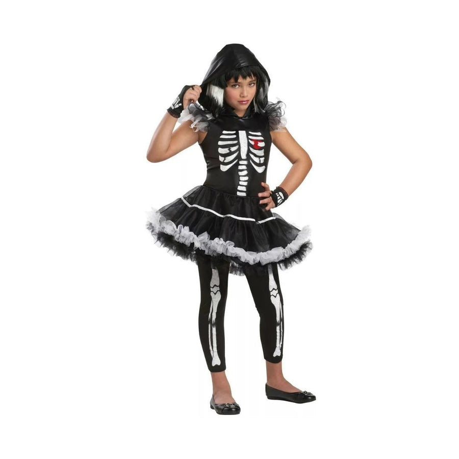 Front view of the black Skela-Rina skeleton costume for girls aged 6 to 8 featuring a printed bone torso and a layered black mesh ballerina tutu skirt.