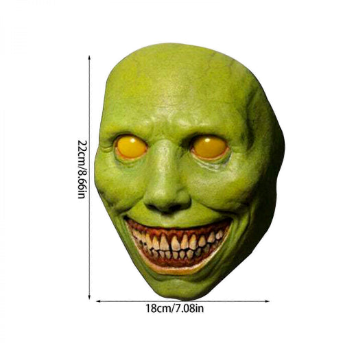 Front view of a green latex smiling demon mask featuring large black eye cutouts and an exaggerated wide toothy grin with red detail on a neutral background.