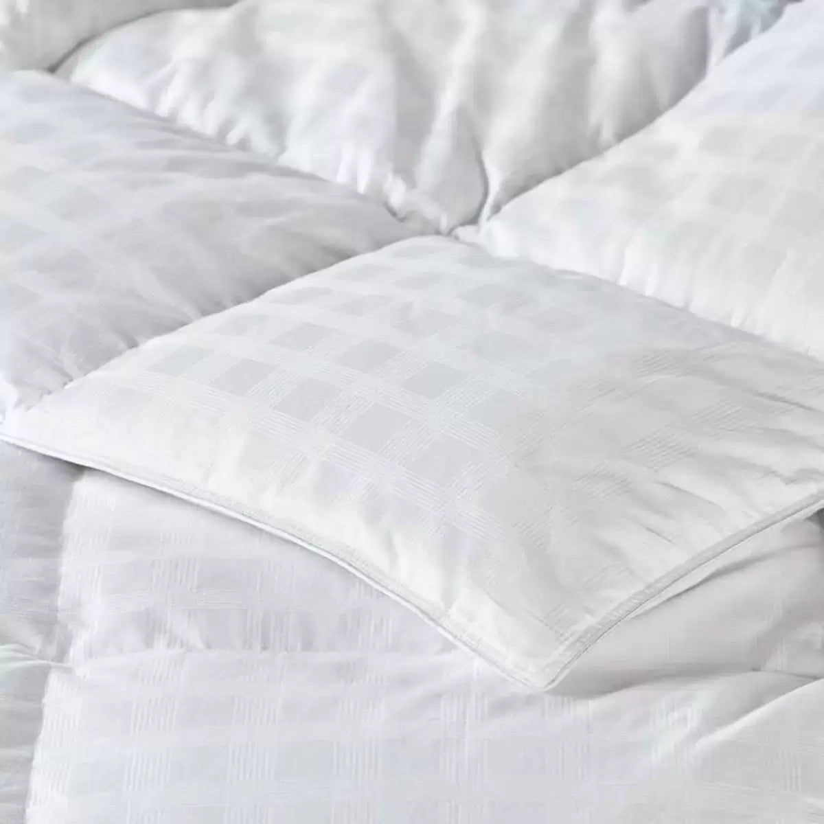 Close-up shot of two Snuggledown Luxury Microfibre Pillows showcasing the subtle textured pattern of the white 300 thread count cotton jacquard cover.